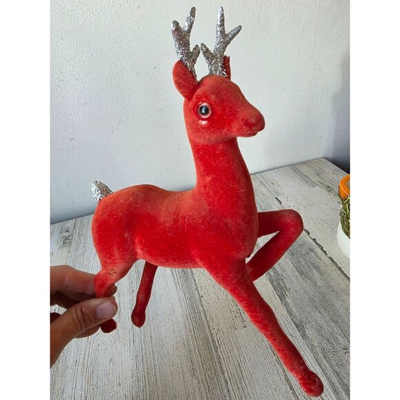 Vintage celluloid red felt reindeer glitter deer Xmas decor large - Picture 8 of 8